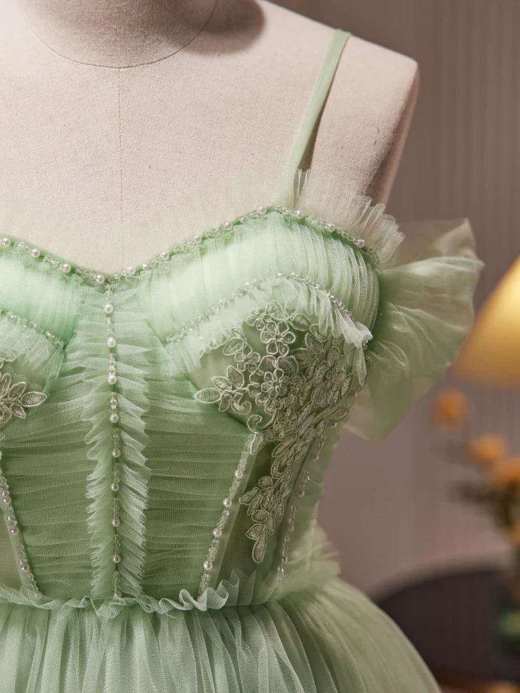 Vestido de fiesta corto verde con escote corazón y corte en A, vestido de bienvenida verde ED0639