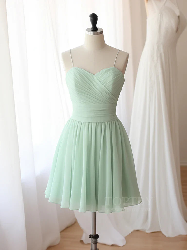 Vestido de fiesta corto de gasa verde con escote corazón y corte en A, vestido de bienvenida verde ED064