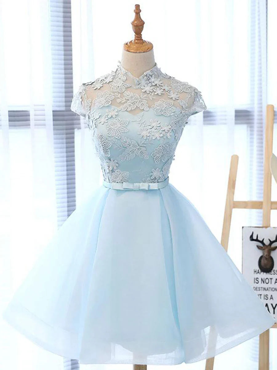 Vestido de fiesta corto azul de encaje con cuello alto y corte A, vestido de bienvenida azul ED0656