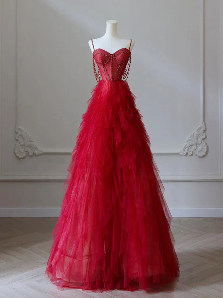 A-Line Sweetheart Neck Tulle Beads Burgundy Long Prom Dress, Burgundy Evening Dress ED0665