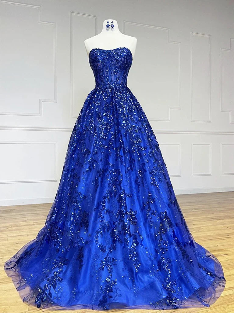Vestido de fiesta largo azul con escote corazón, tul y lentejuelas, corte en A, vestido formal largo azul ED0666