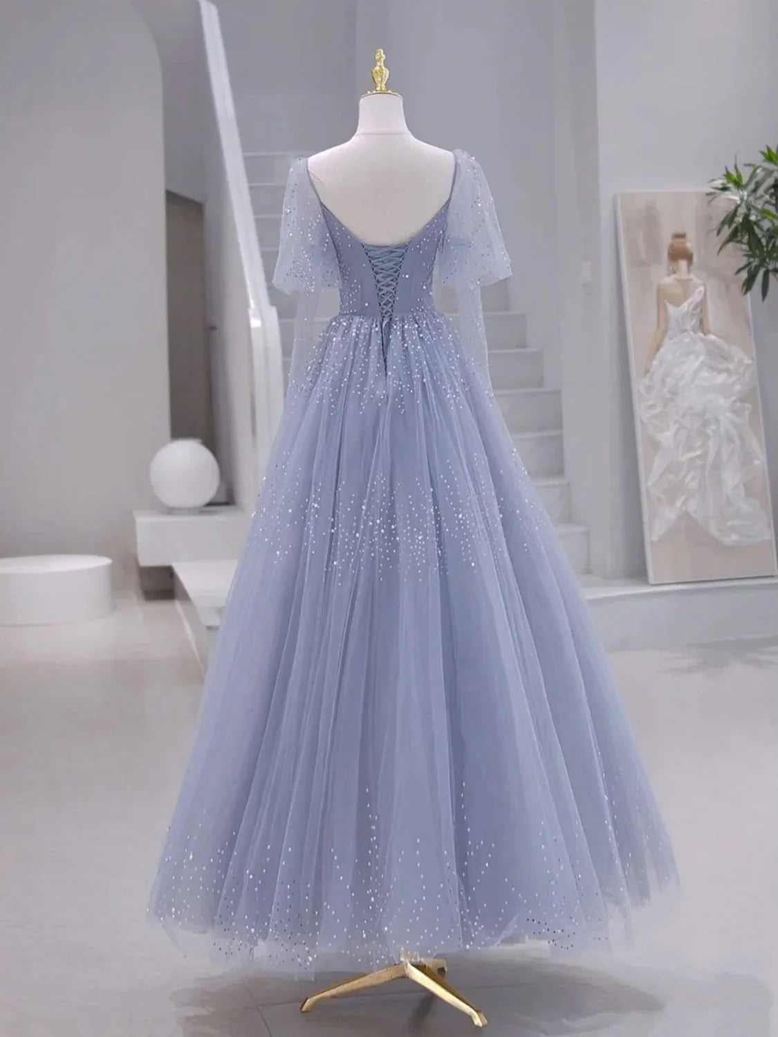 Vestido de fiesta largo azul grisáceo con mangas largas y cuentas, corte A, vestido formal azul grisáceo ED0671