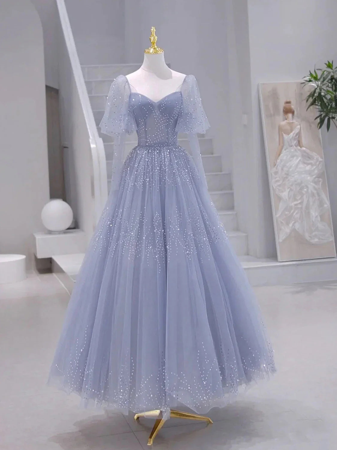 Vestido de fiesta largo azul grisáceo con mangas largas y cuentas, corte A, vestido formal azul grisáceo ED0671