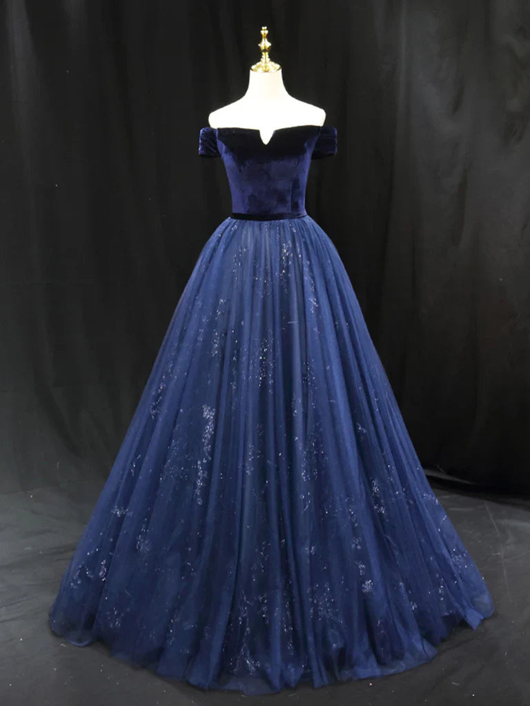 Vestido de fiesta largo de terciopelo y tul azul, corte A, vestido de noche formal azul ED0675