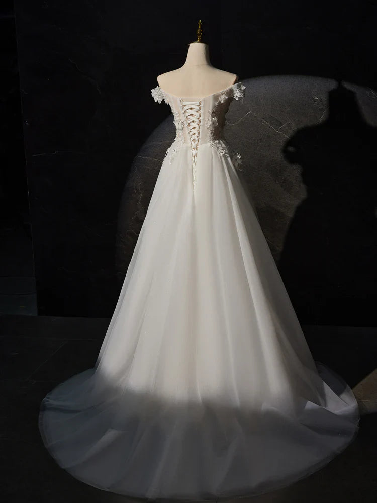 Vestido de fiesta largo de tul con encaje y hombros descubiertos, corte A, blanco, ED0680