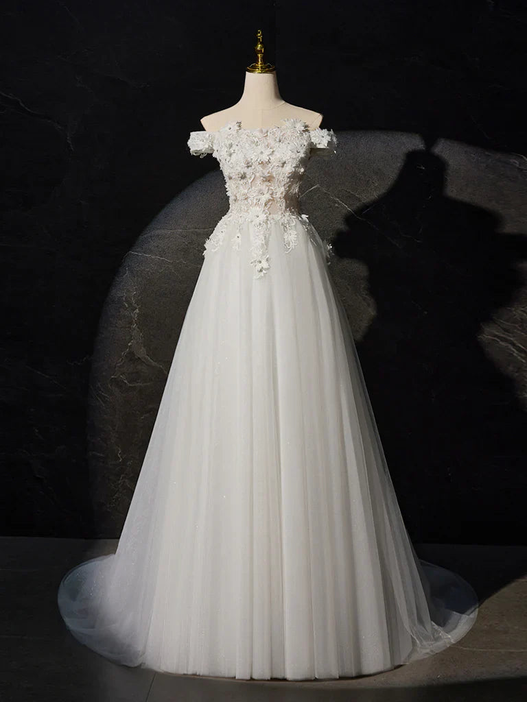 Vestido de fiesta largo de tul con encaje y hombros descubiertos, corte A, blanco, ED0680