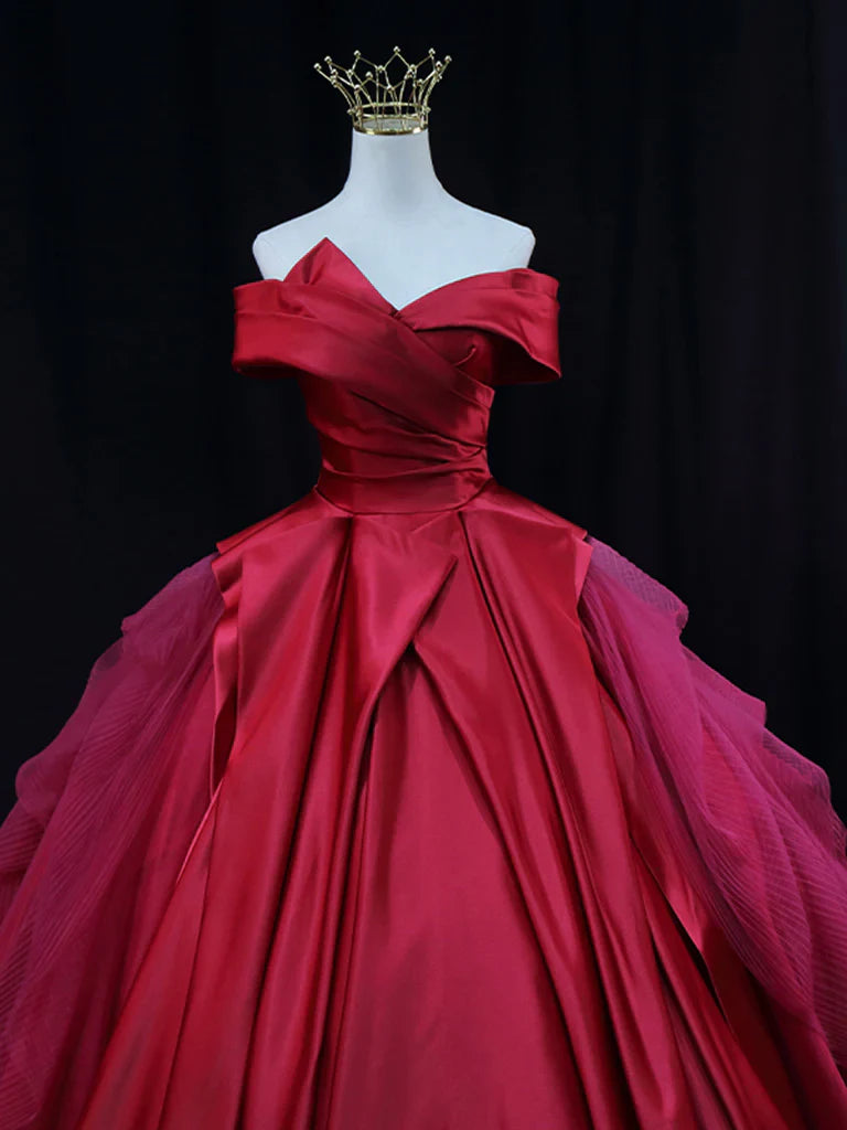 Vestido largo de fiesta de tul satinado con hombros descubiertos en rojo, vestido de noche largo rojo ED0701