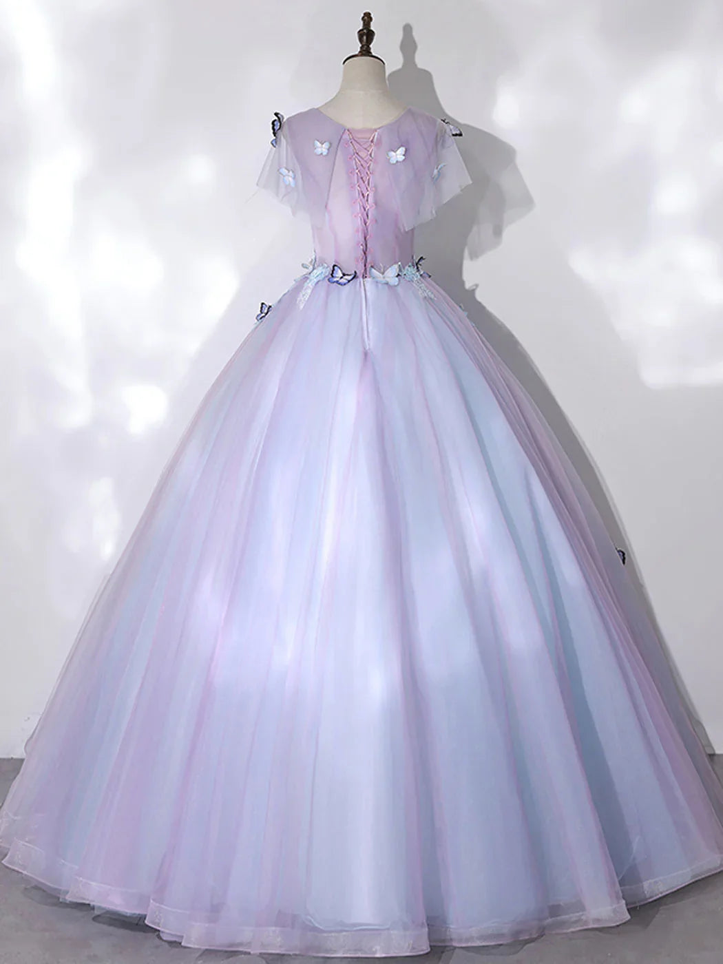 Vestido de fiesta largo morado con escote redondo, tul y encaje, corte A, vestido formal morado ED0704