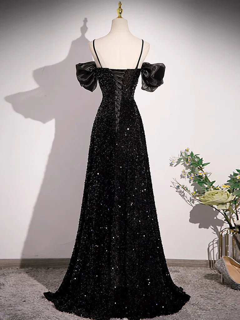 Vestido de fiesta largo negro de terciopelo con lentejuelas y hombros descubiertos, corte A, vestido de noche largo negro ED0707