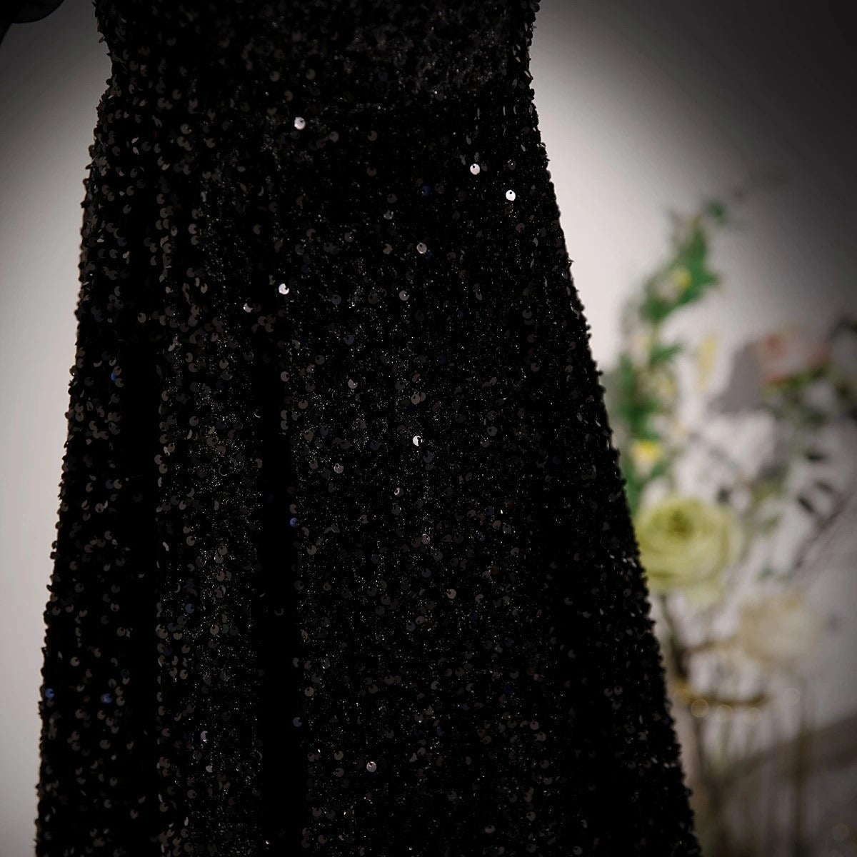 Vestido de fiesta largo negro de terciopelo con lentejuelas y hombros descubiertos, corte A, vestido de noche largo negro ED0707