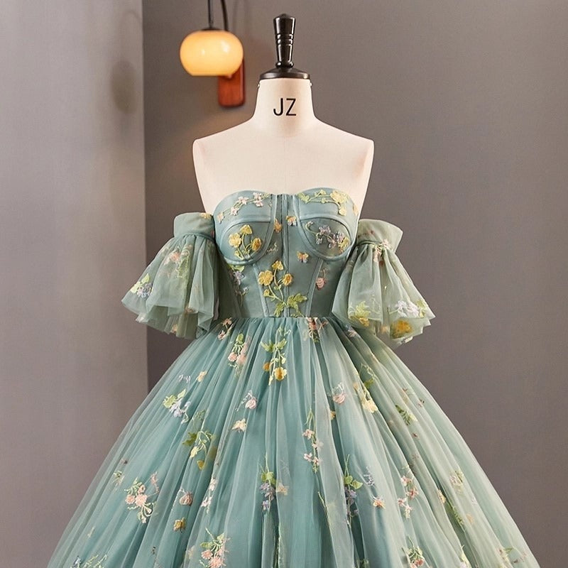 A-Line Dusty Green Tulle Lace Long Prom Dresses, Green Formal Evening Dress ED0716