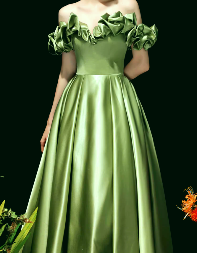 Vestido de fiesta largo de satén verde con corte en A, vestido de noche formal verde ED0720