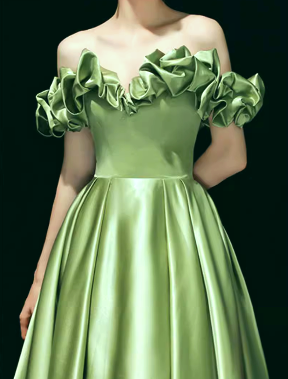 Vestido de fiesta largo de satén verde con corte en A, vestido de noche formal verde ED0720