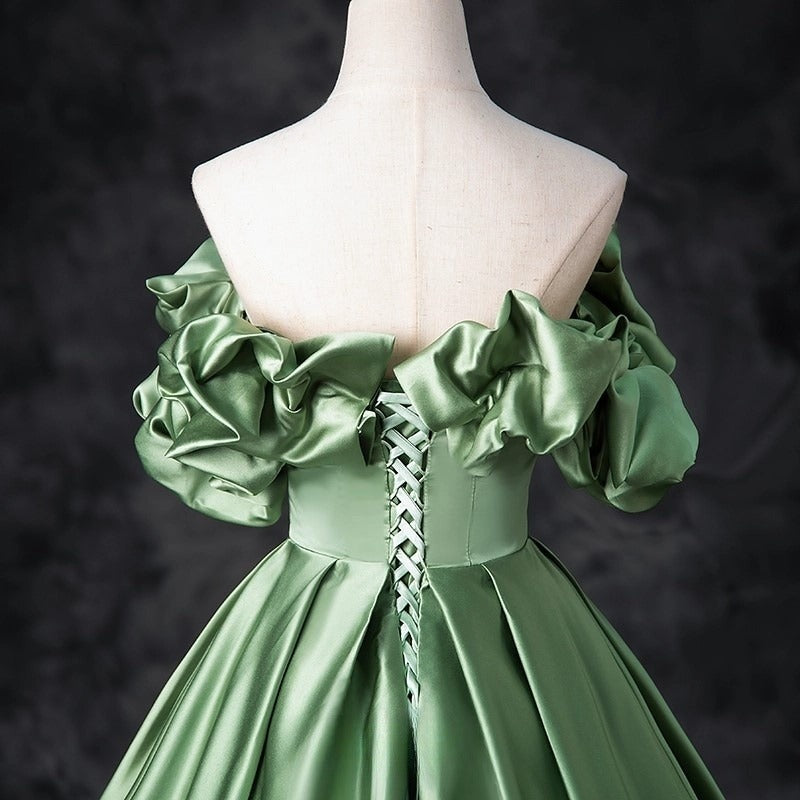 Vestido de fiesta largo de satén verde con corte en A, vestido de noche formal verde ED0720