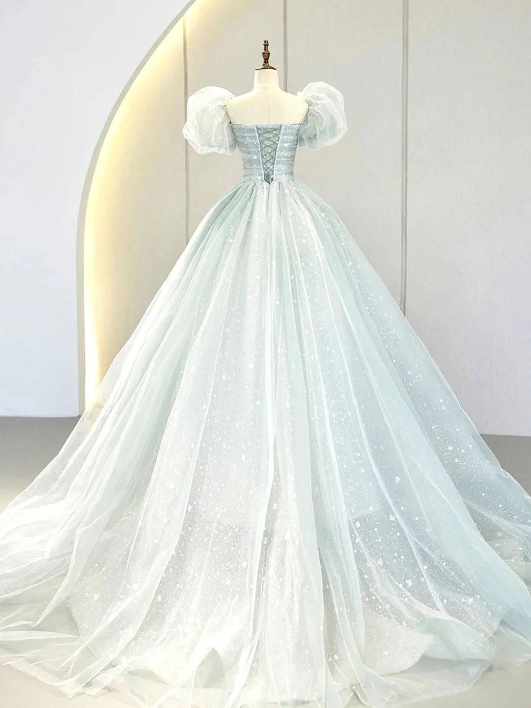 Vestido de fiesta largo azul con mangas abullonadas y corte A, vestido de noche formal de tul ED0733