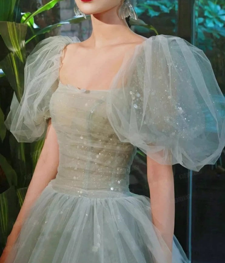 Vestido de fiesta largo azul con mangas abullonadas y corte A, vestido de noche formal de tul ED0733