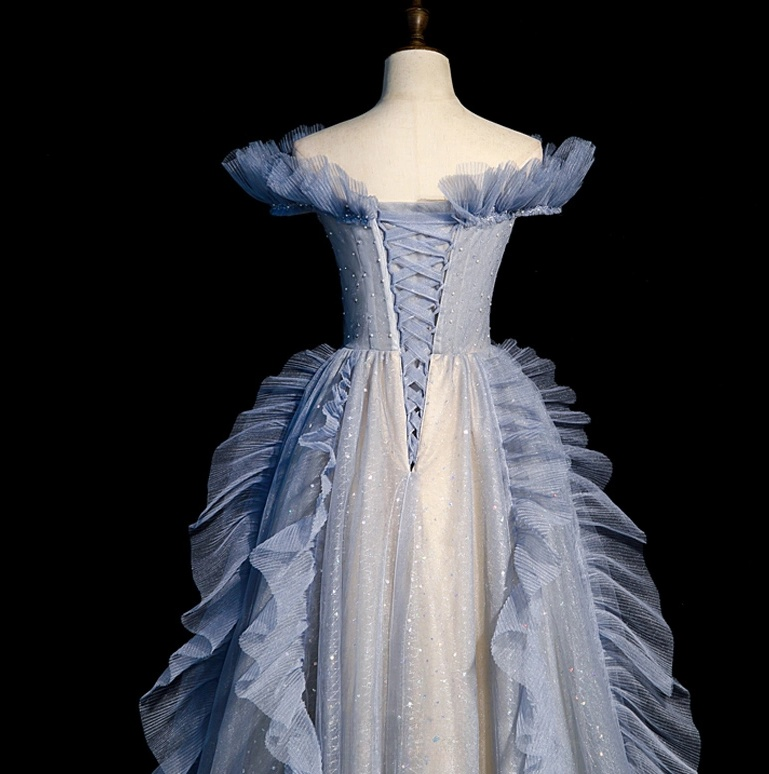 Vestido de fiesta largo de tul azul con hombros descubiertos y lentejuelas, vestido formal azul ED0736