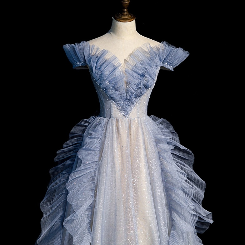 Vestido de fiesta largo de tul azul con hombros descubiertos y lentejuelas, vestido formal azul ED0736