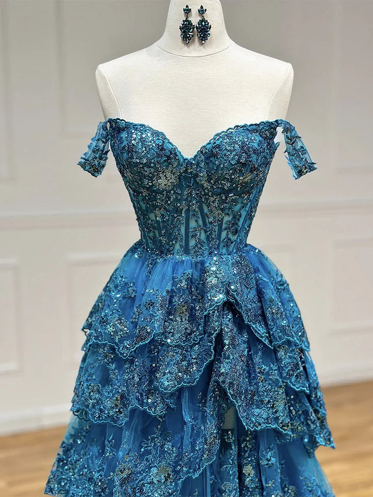 Vestido de fiesta largo azul con escote corazón, tul, lentejuelas y encaje, ED0747