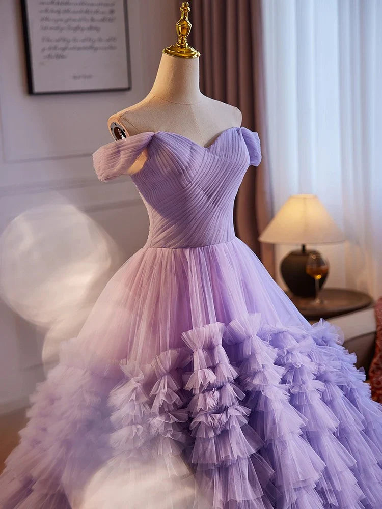 Vestido de fiesta largo de tul morado con hombros descubiertos y corte en A, vestido de noche largo morado ED0771