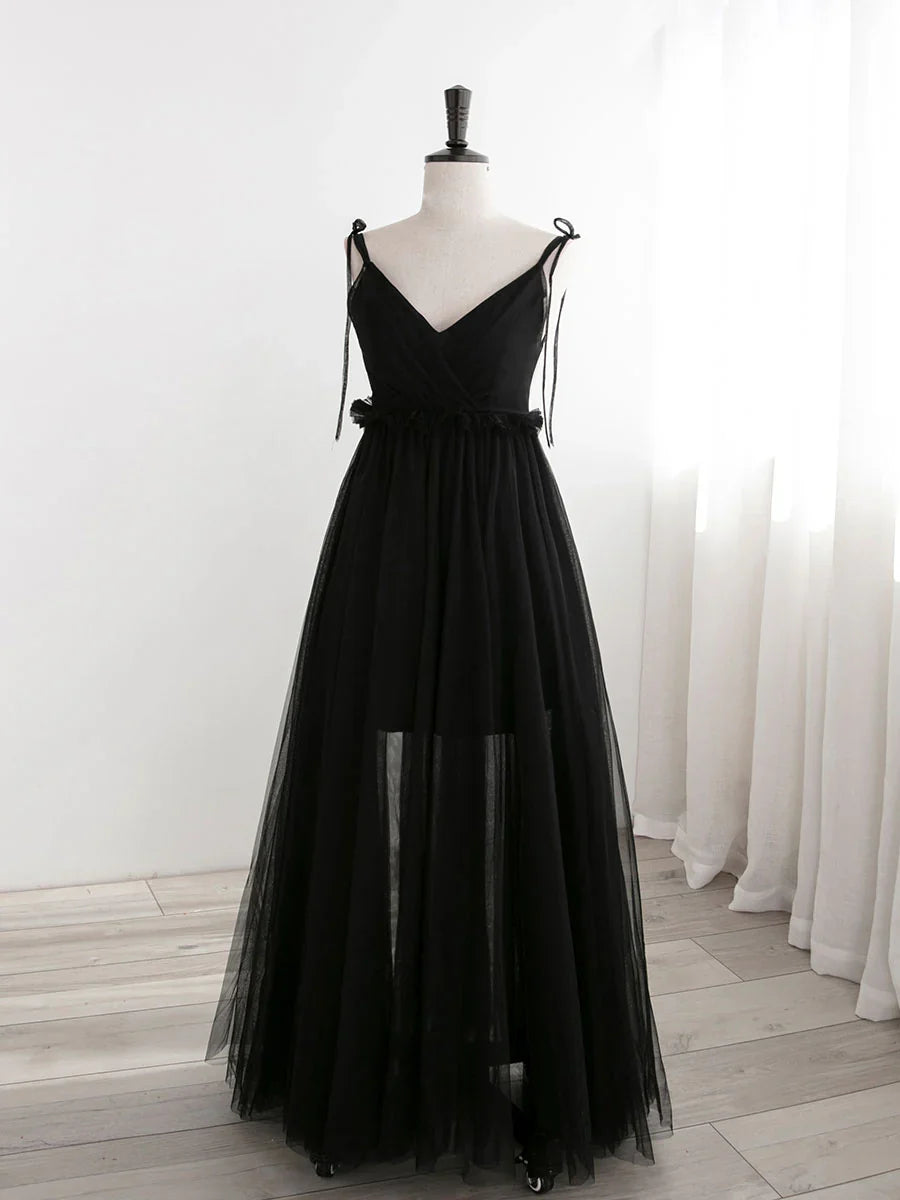 Vestidos de fiesta largos de tul negro con corte en A, vestidos de noche formales negros ED0776