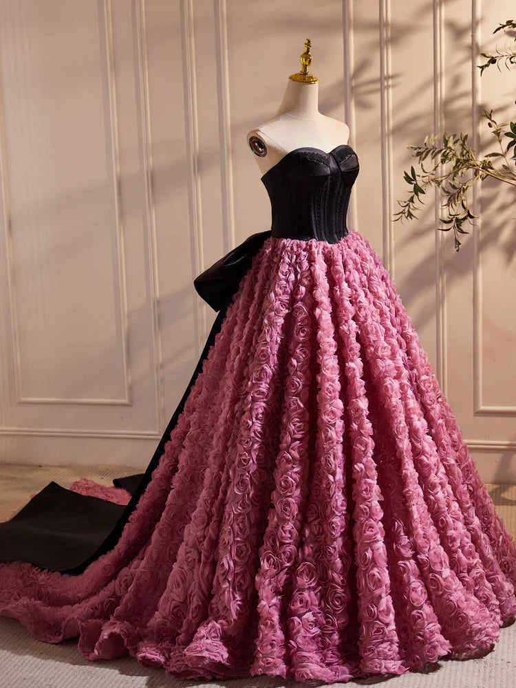 Vestido de fiesta largo rosa con escote corazón y flores 3D, corte en A, vestido formal largo rosa ED079