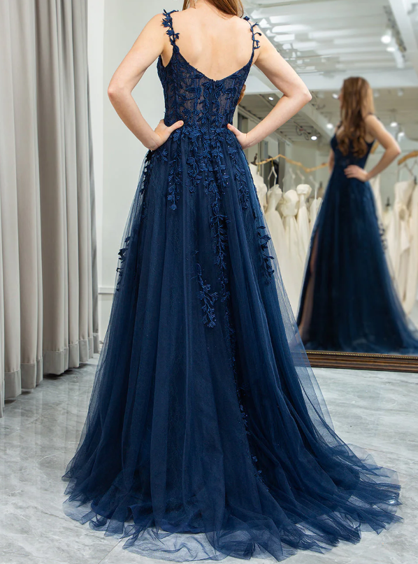 A-Line Elegant Sweetheart Neck Tulle Lace Dark Blue Long Prom Dress, Dark Blue Long Evening Dress ED080