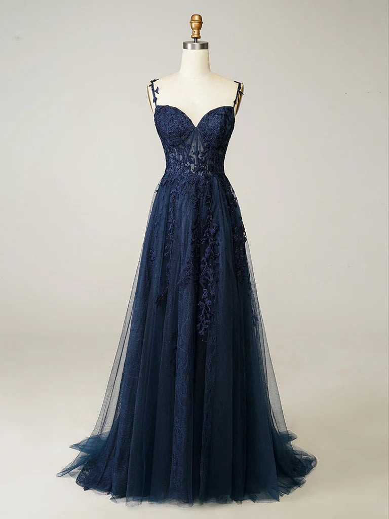 A-Line Elegant Sweetheart Neck Tulle Lace Dark Blue Long Prom Dress, Dark Blue Long Evening Dress ED080