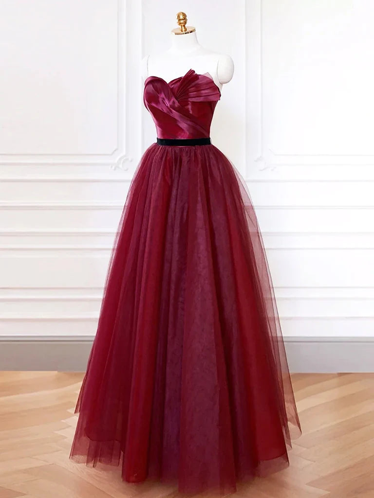 Vestido de fiesta largo de tul burdeos con escote corazón y corte en A, vestido formal largo burdeos ED083