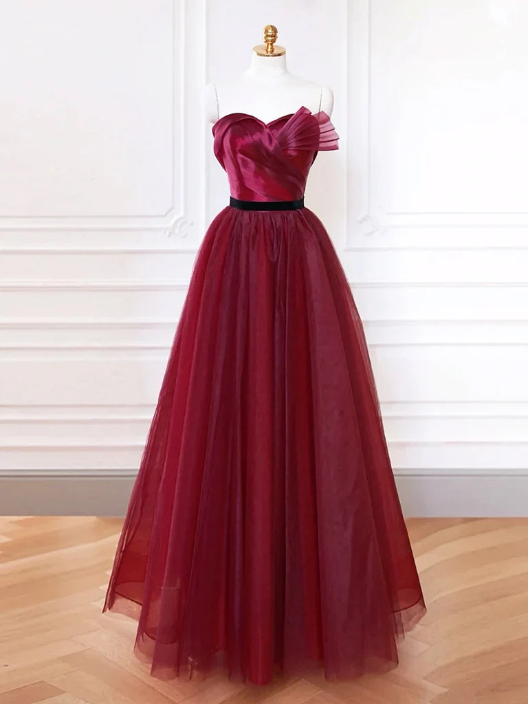 Vestido de fiesta largo de tul burdeos con escote corazón y corte en A, vestido formal largo burdeos ED083