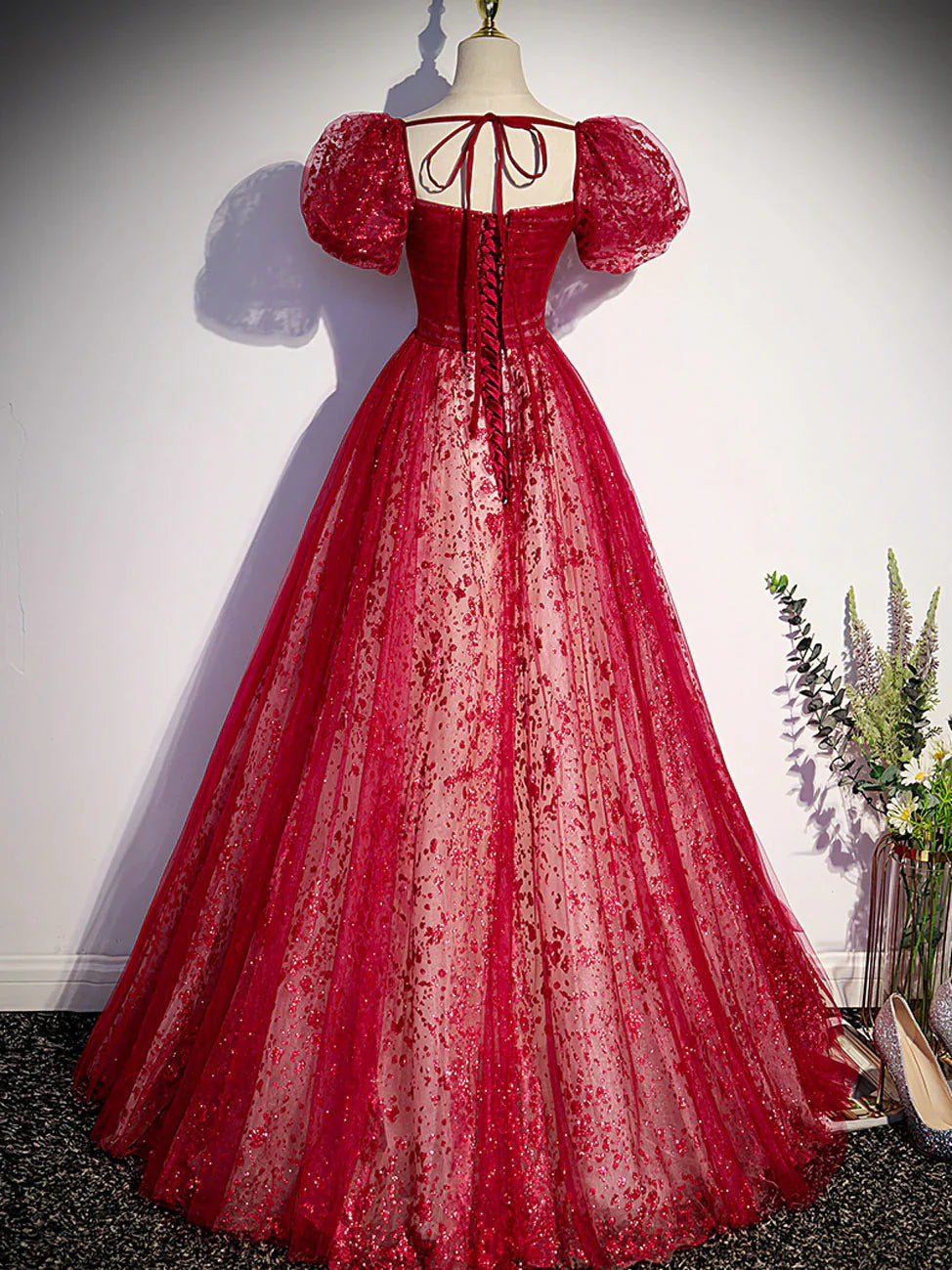 Vestido de fiesta largo de tul burdeos con lentejuelas, corte A, vestido formal burdeos ED0834