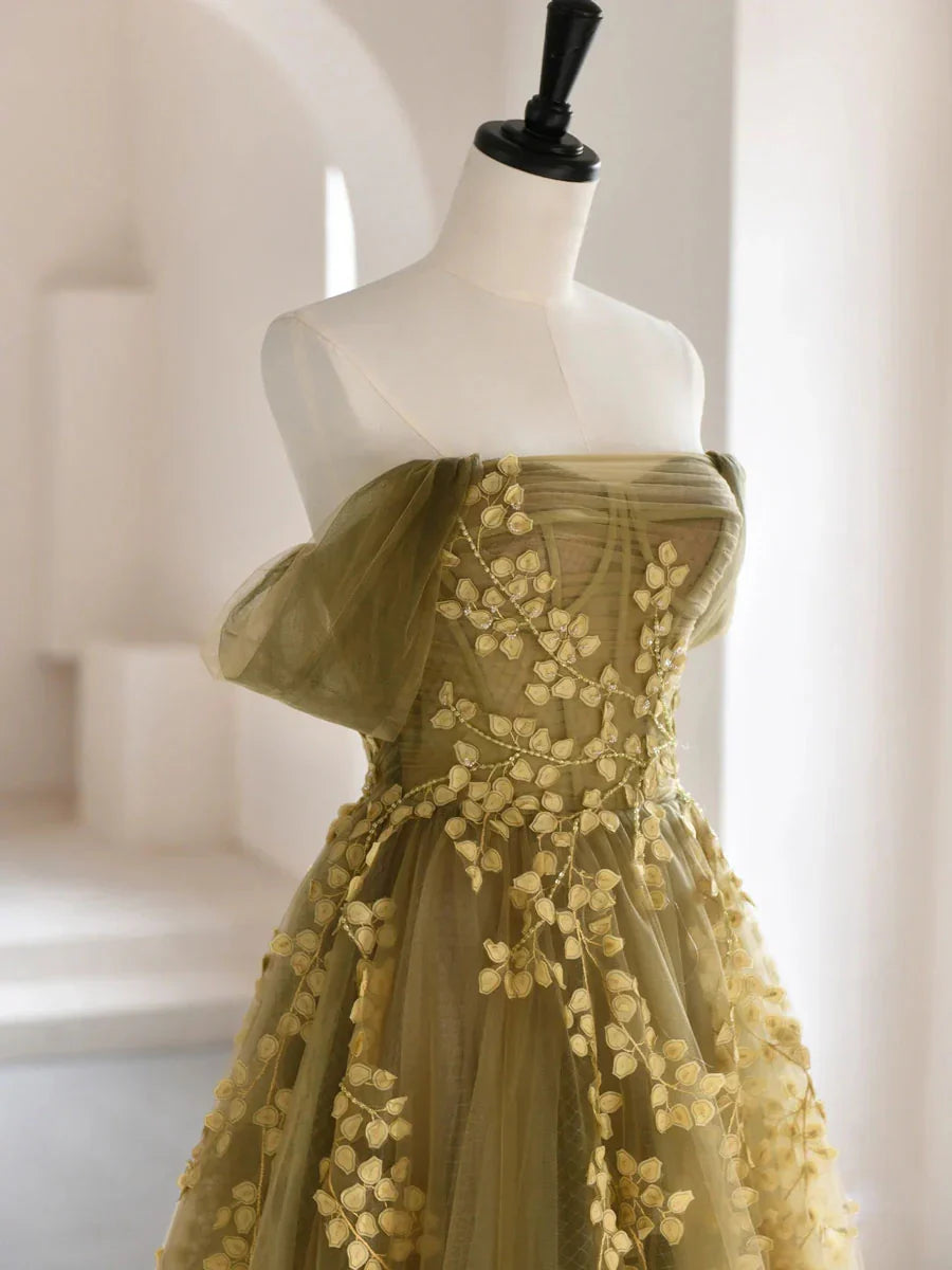 Olive Green A-Line Off Shoulder Tulle Lace Long Prom Dress, Green Tulle Formal Dress ED0882