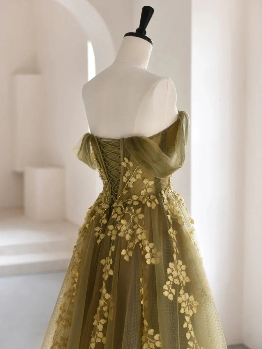 Olive Green A-Line Off Shoulder Tulle Lace Long Prom Dress, Green Tulle Formal Dress ED0882