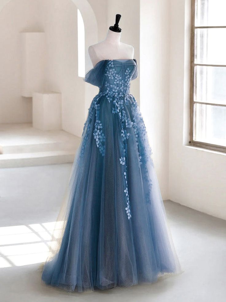 Olive Green A-Line Off Shoulder Tulle Lace Long Prom Dress, Green Tulle Formal Dress ED0882