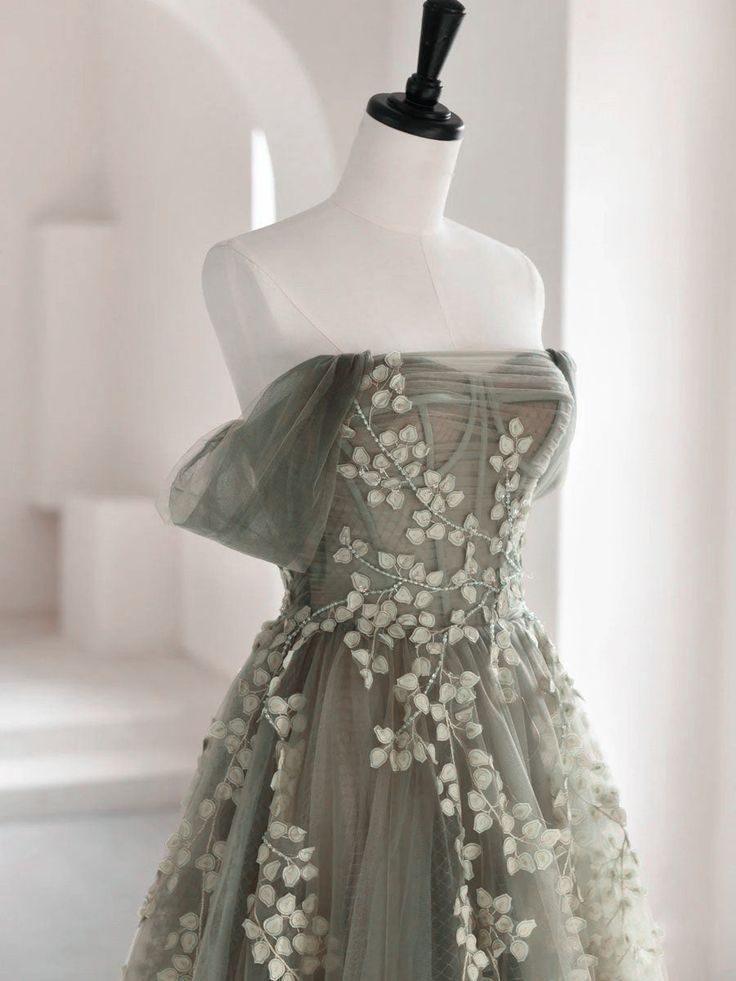 Olive Green A-Line Off Shoulder Tulle Lace Long Prom Dress, Green Tulle Formal Dress ED0882