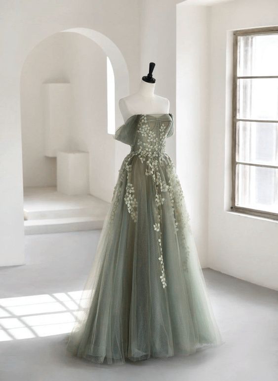 Olive Green A-Line Off Shoulder Tulle Lace Long Prom Dress, Green Tulle Formal Dress ED0882