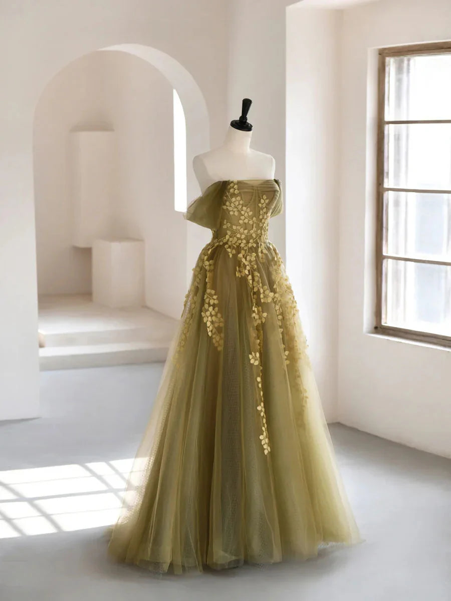 Olive Green A-Line Off Shoulder Tulle Lace Long Prom Dress, Green Tulle Formal Dress ED0882