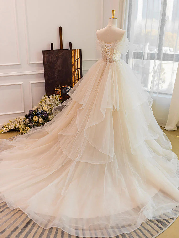 Vestido de novia largo de tul con escote corazón color champán y encaje, ED0886