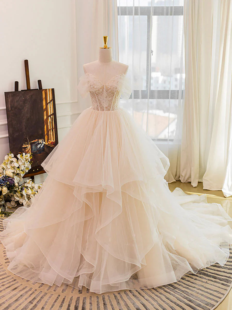 Vestido de novia largo de tul con escote corazón color champán y encaje, ED0886