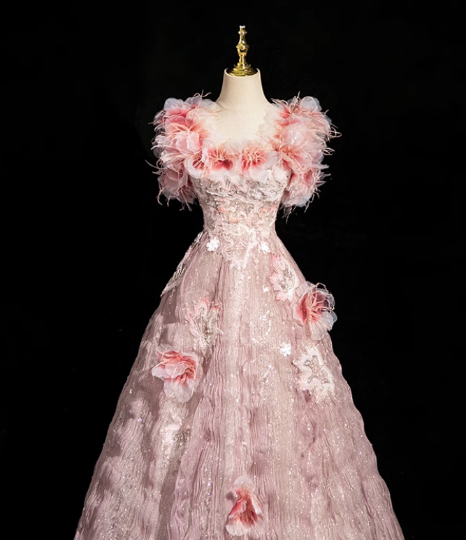 Vestido largo formal de tul con escote cuadrado, corte A, color rosa, con cuentas, para cumpleaños, ED0937