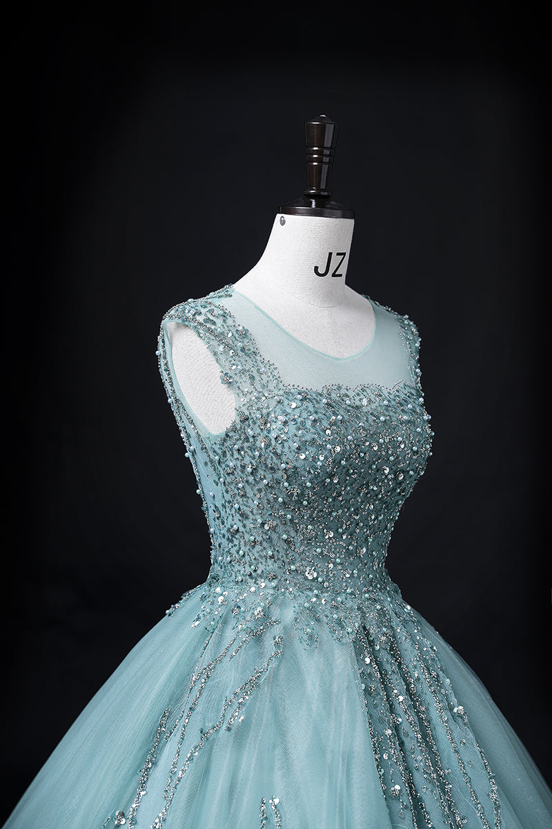 Green A-line mesh sequins formal long dress, green sequins evening dress ED0938
