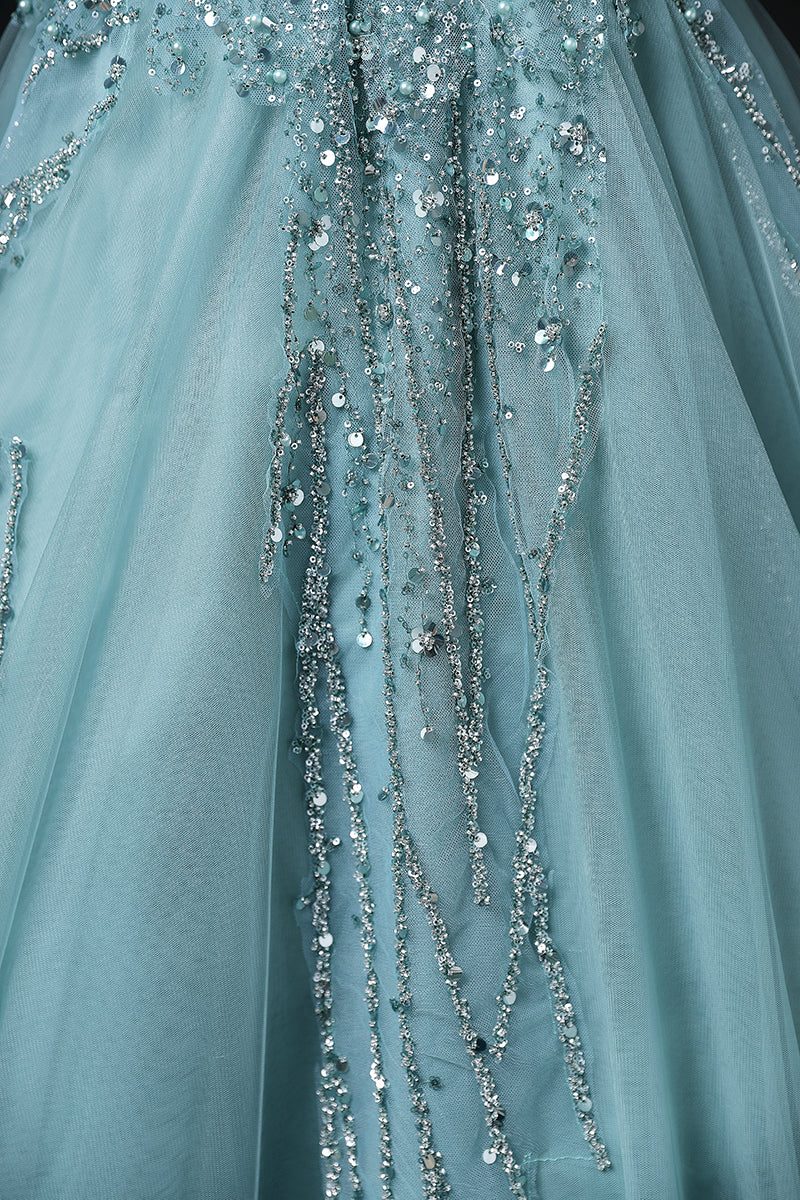 Green A-line mesh sequins formal long dress, green sequins evening dress ED0938