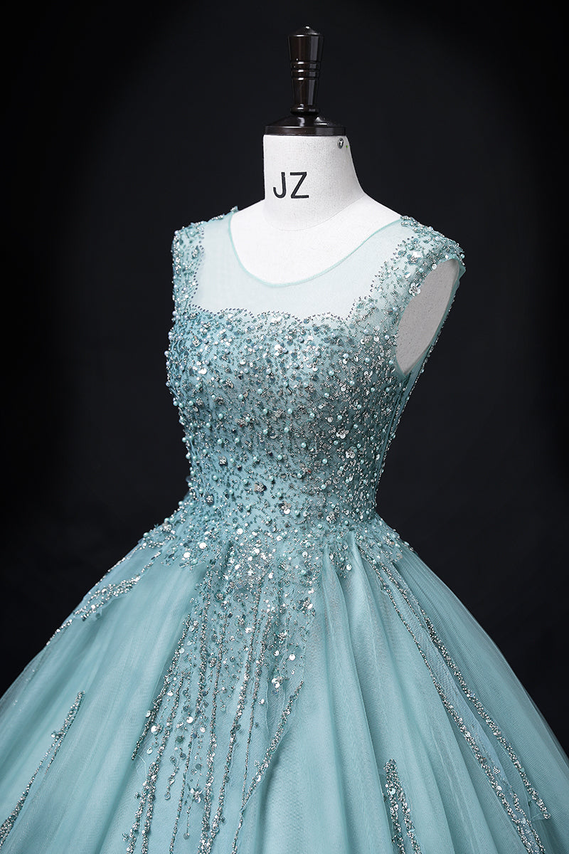 Green A-line mesh sequins formal long dress, green sequins evening dress ED0938