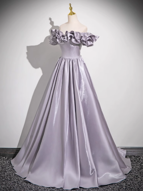Gray Purple A-line Off-shoulder Satin Long Prom Dress, Gray Purple Evening Dress ED0964