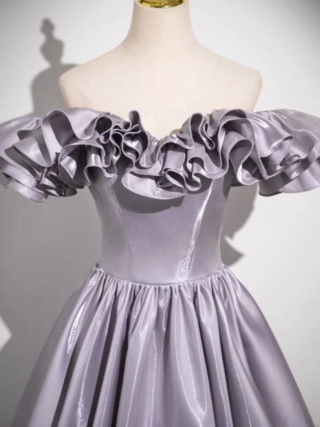 Gray Purple A-line Off-shoulder Satin Long Prom Dress, Gray Purple Evening Dress ED0964
