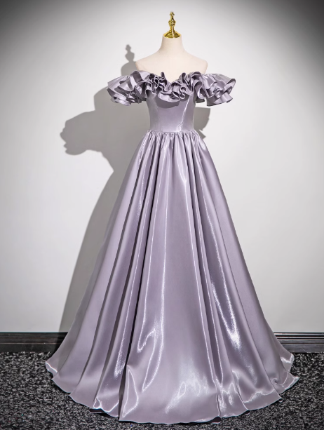 Gray Purple A-line Off-shoulder Satin Long Prom Dress, Gray Purple Evening Dress ED0964