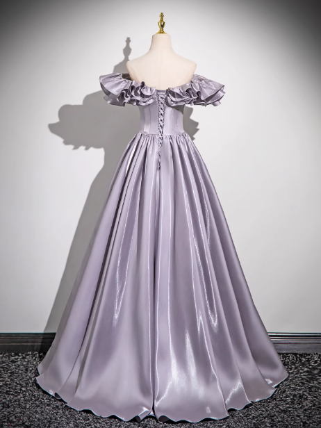 Gray Purple A-line Off-shoulder Satin Long Prom Dress, Gray Purple Evening Dress ED0964