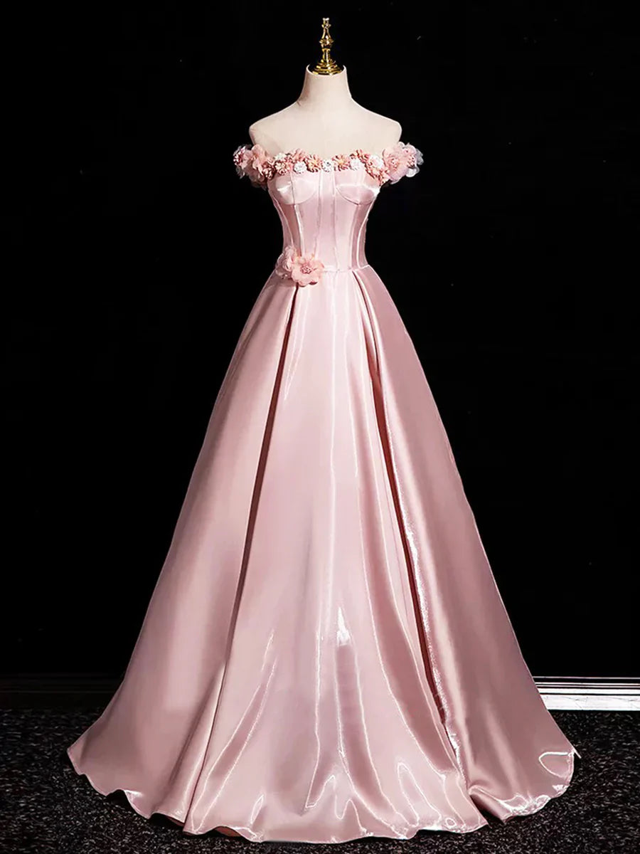 Vestido de fiesta largo de satén rosa con escote en A y hombros descubiertos, precioso vestido de fiesta con escote en A y hombros descubiertos ED0994