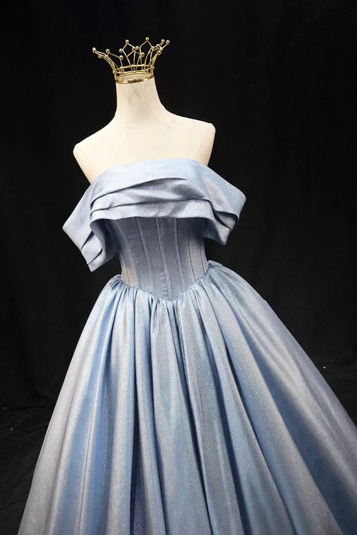 Vestido de fiesta largo de satén azul grisáceo, elegante vestido de noche con hombros descubiertos ED0995