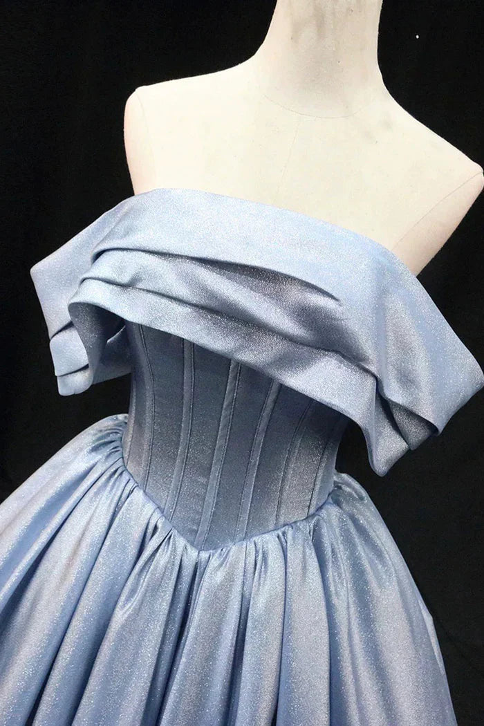 Vestido de fiesta largo de satén azul grisáceo, elegante vestido de noche con hombros descubiertos ED0995